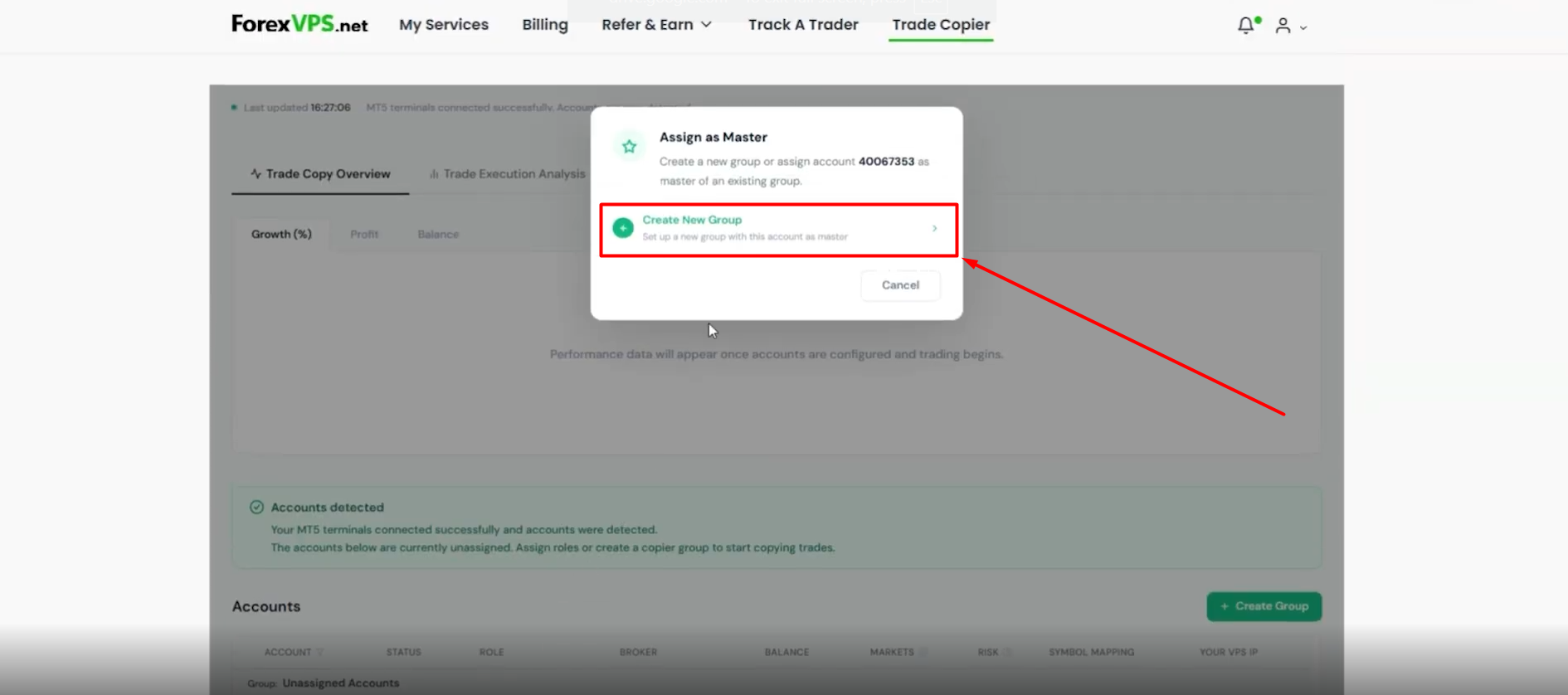 Assign as Master popup with Create New Group option highlighted