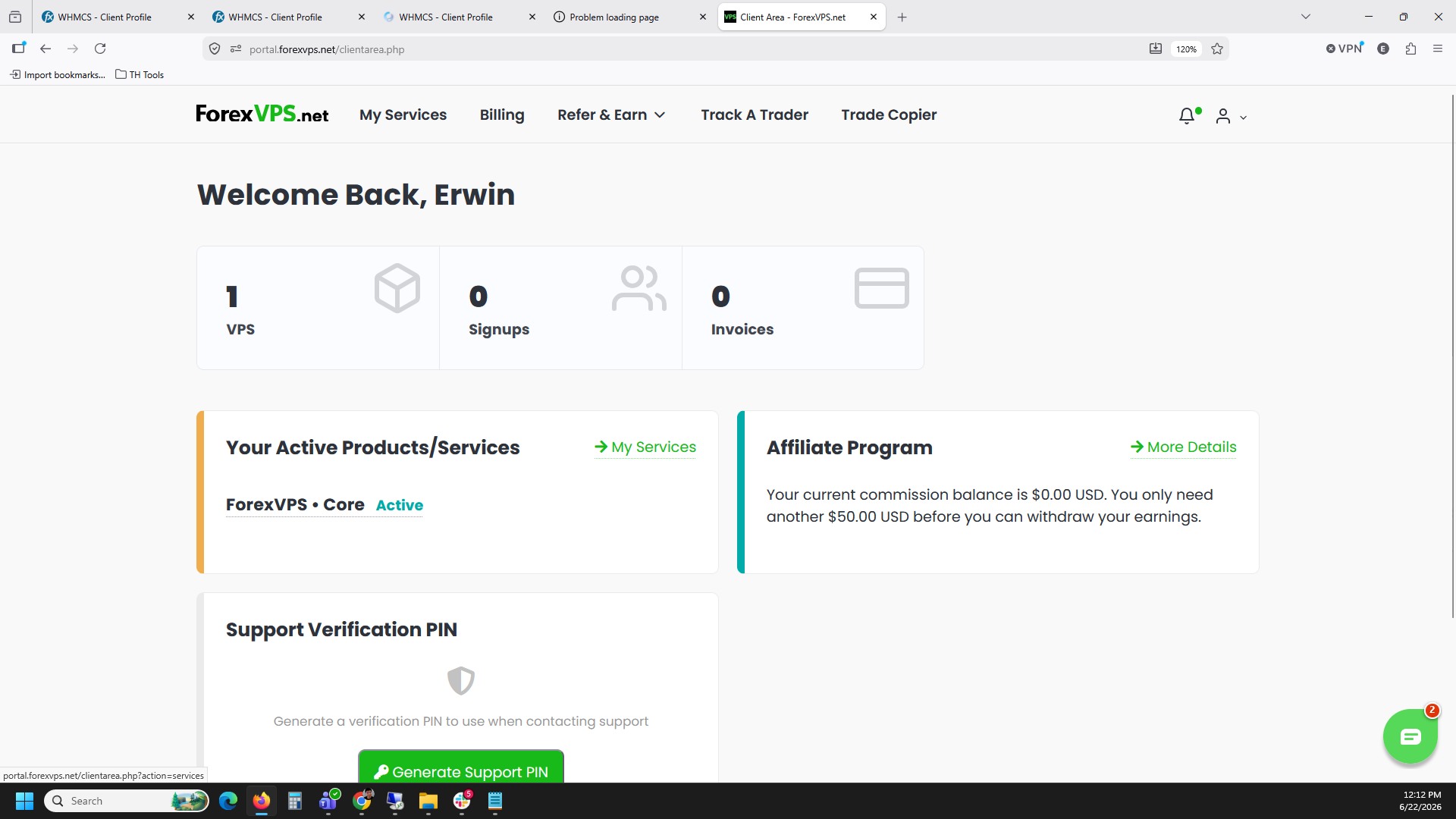 Client dashboard with My Services link