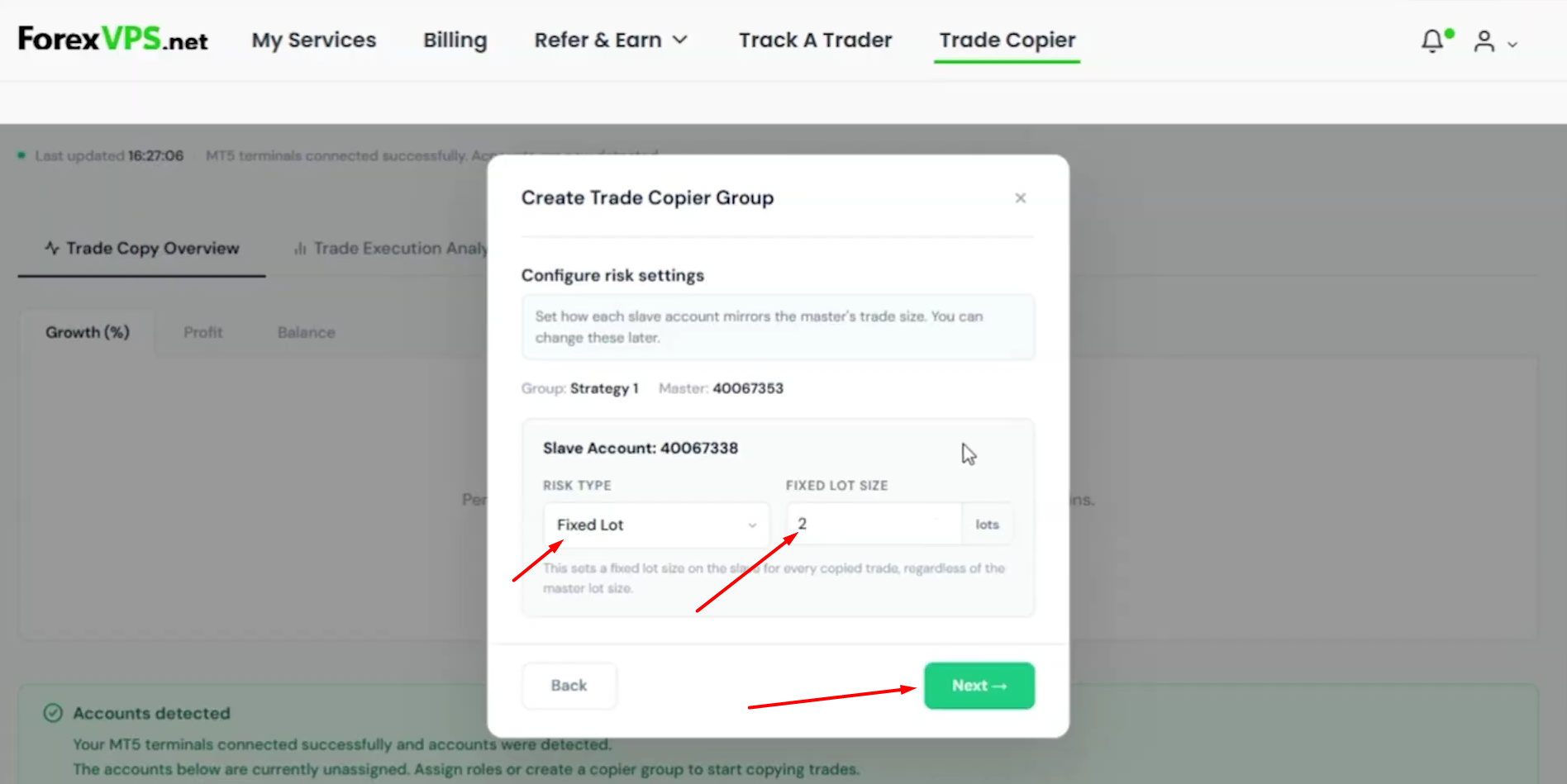 Create Trade Copier Group risk settings step with Fixed Lot risk type and lot size entered