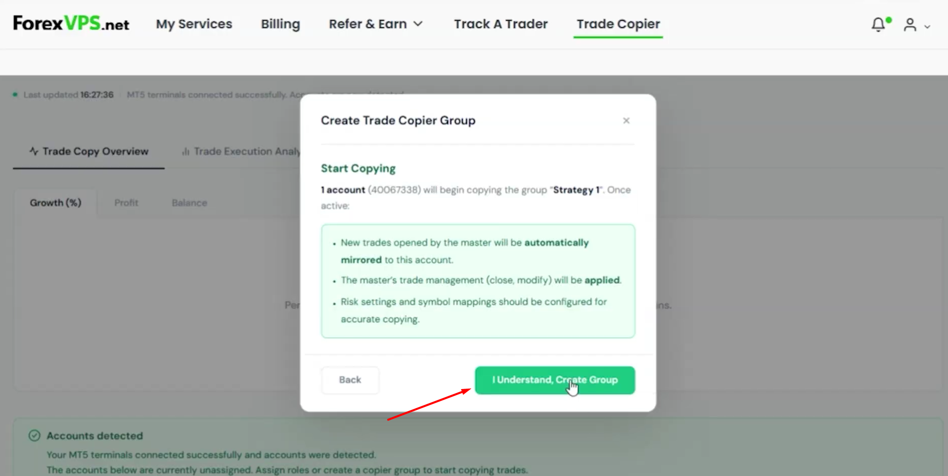 Create Trade Copier Group confirmation step with the I Understand, Create Group button highlighted