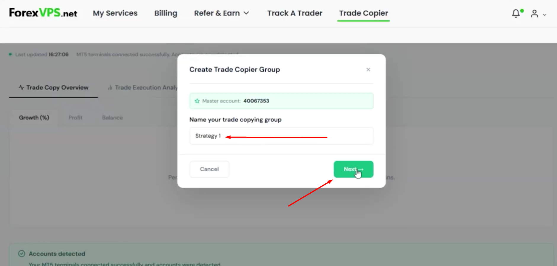 Create Trade Copier Group dialog with the group name field and Next button