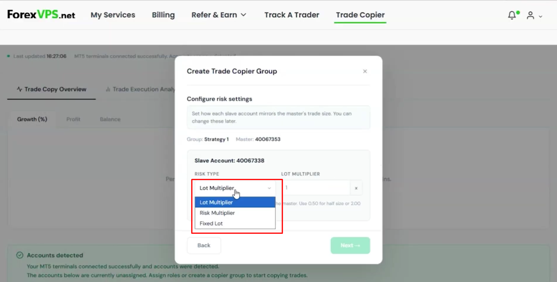 Create Trade Copier Group risk settings step with the Risk Type dropdown open