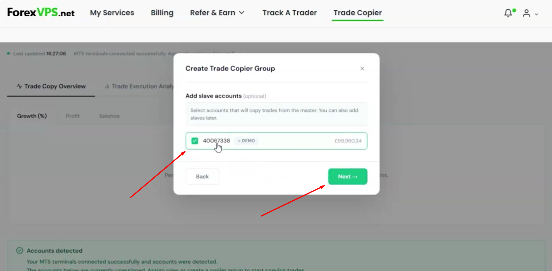 Create Trade Copier Group dialog with a sub-account checkbox selected and Next button highlighted
