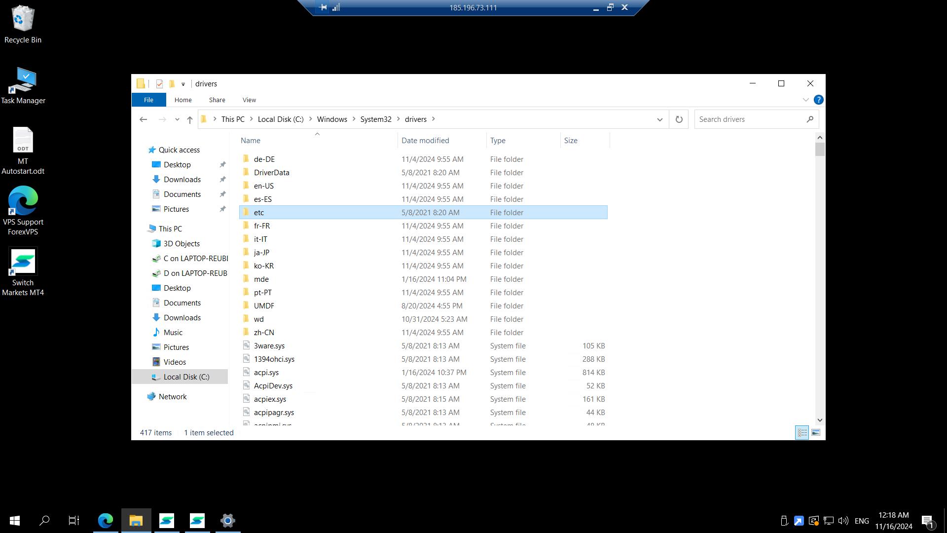 Drivers folder with etc folder highlighted