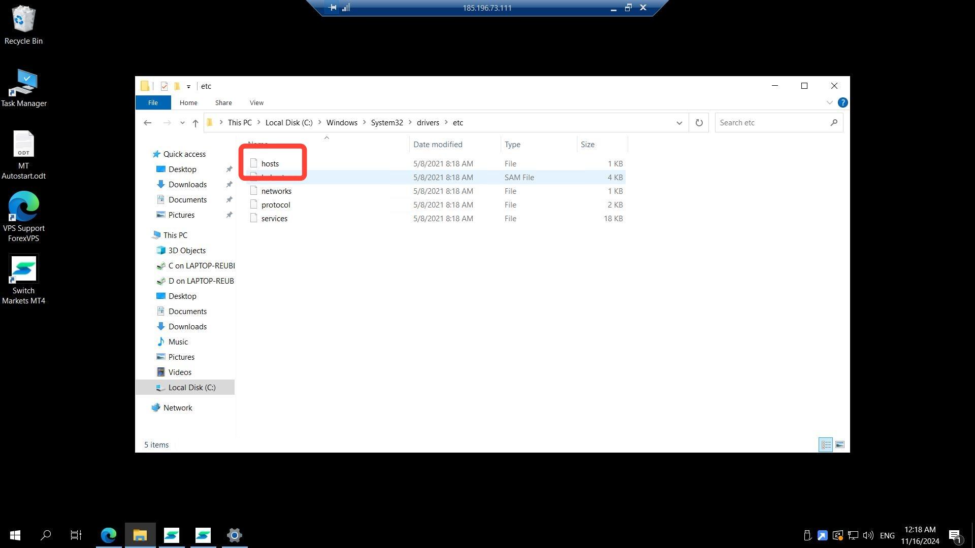 etc folder with hosts file selected for deletion