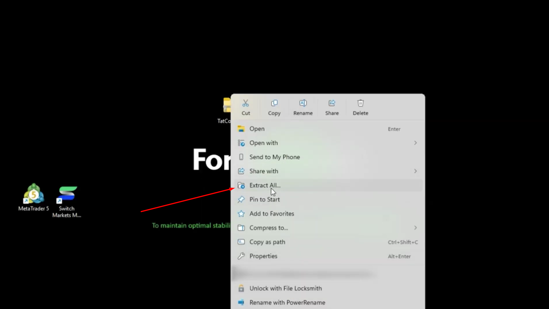 Right-click context menu on the TatCopier.zip file with Extract All highlighted