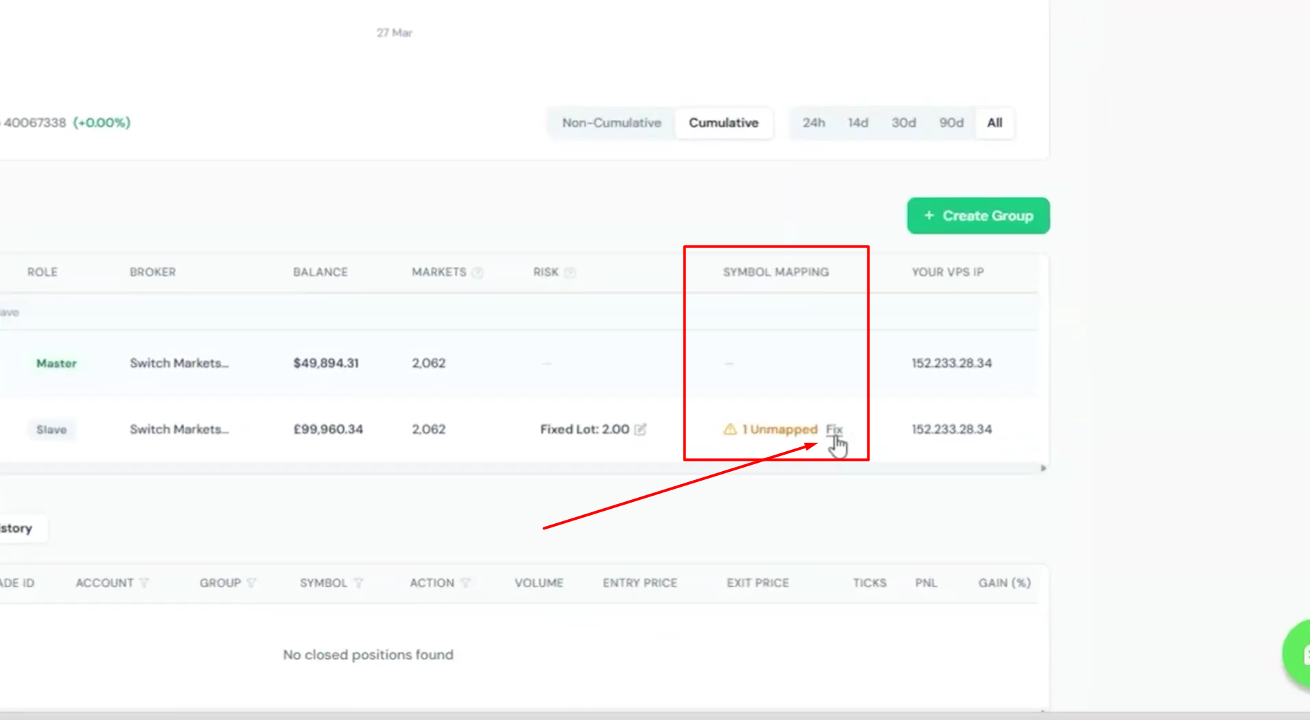 ForexVPS accounts table with an unmapped symbol warning and Fix link highlighted