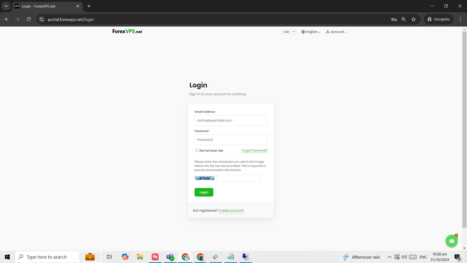 ForexVPS client area login page with email, password, and captcha fields