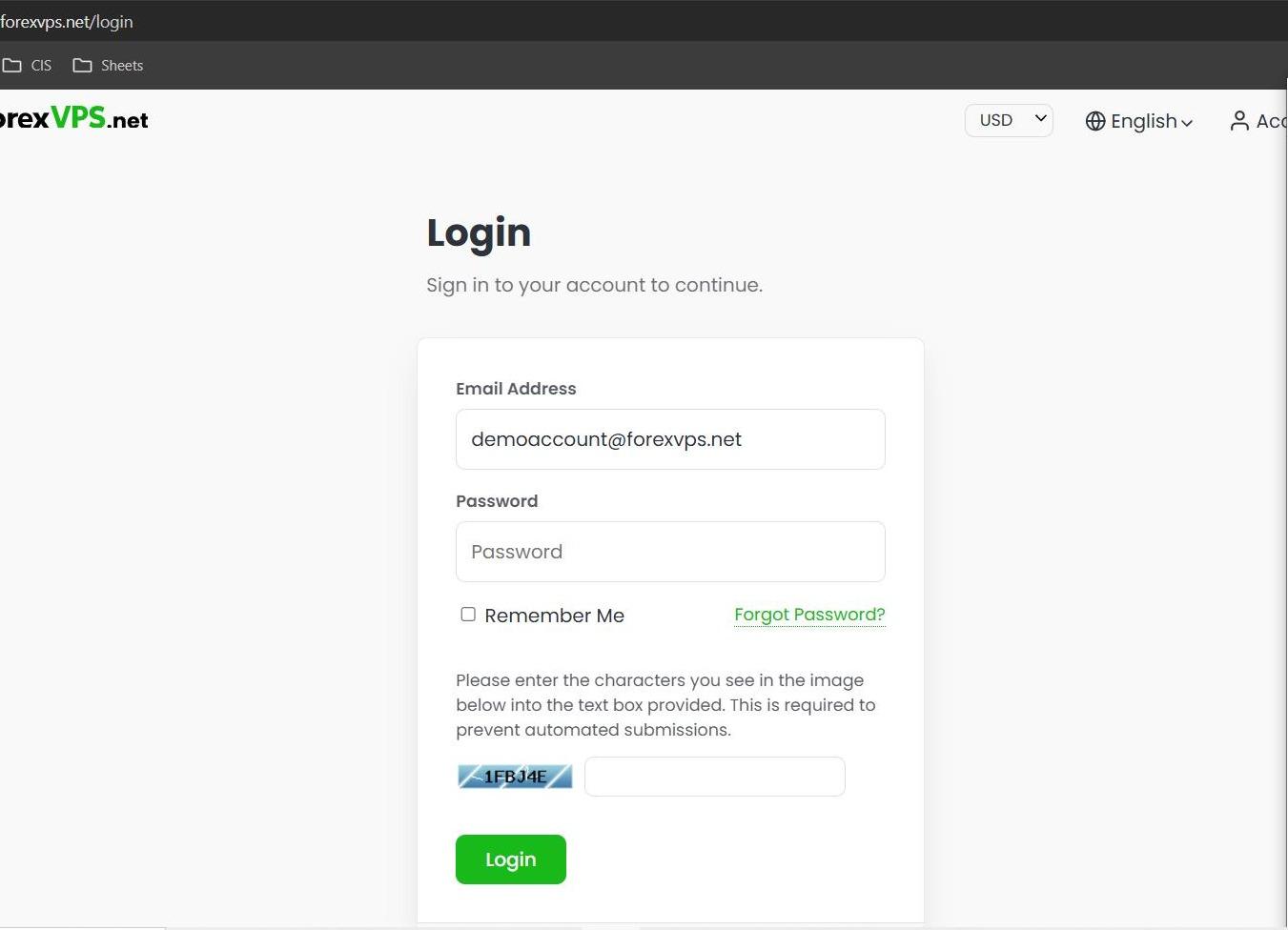 ForexVPS login form with email password and captcha fields
