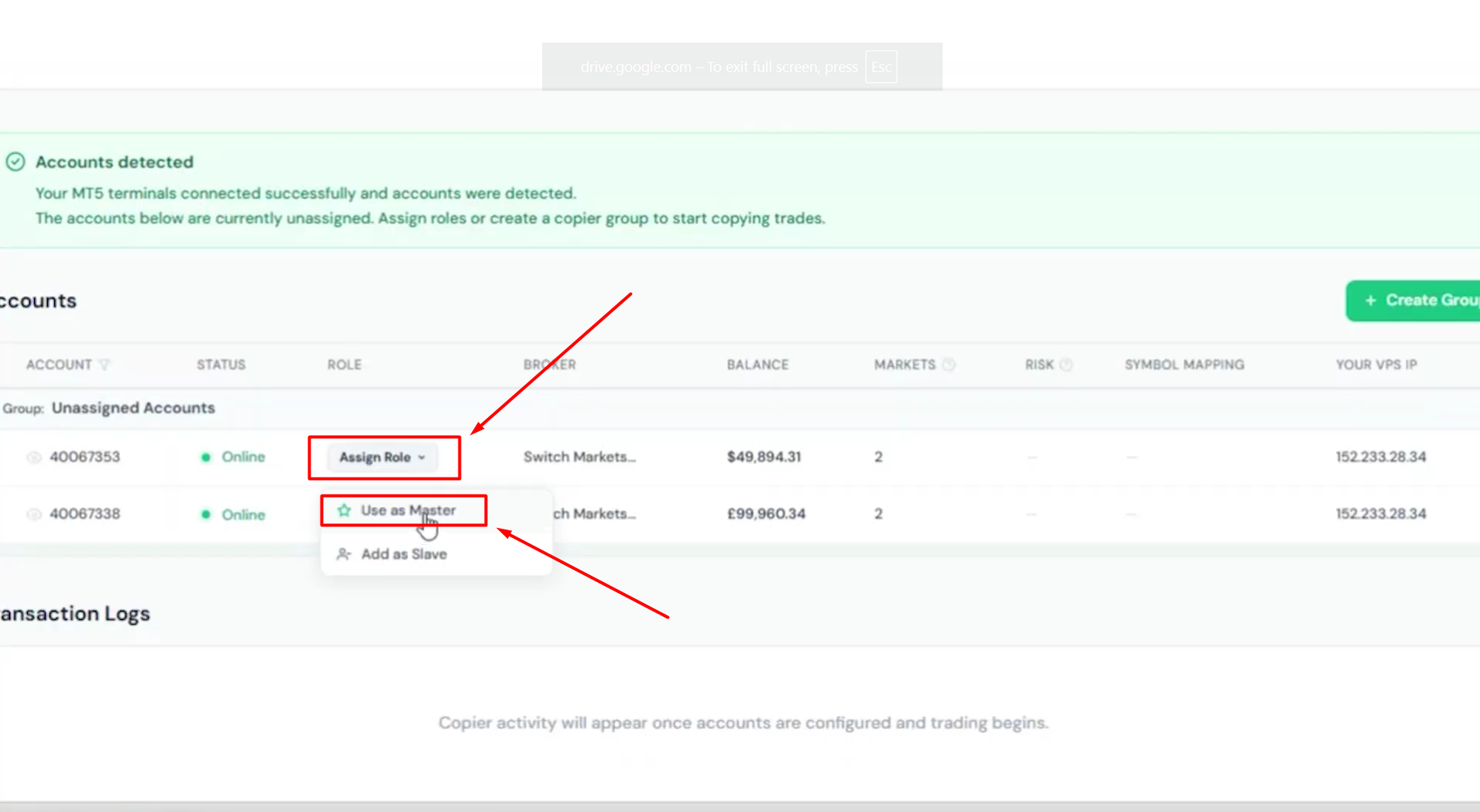 ForexVPS Trade Copier dashboard with Accounts detected message and Assign Role dropdown showing Use as Master and Add as Slave options