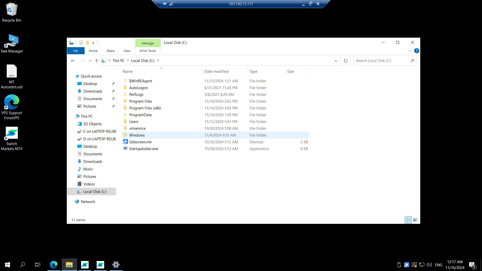 Local Disk C file list with Windows folder highlighted