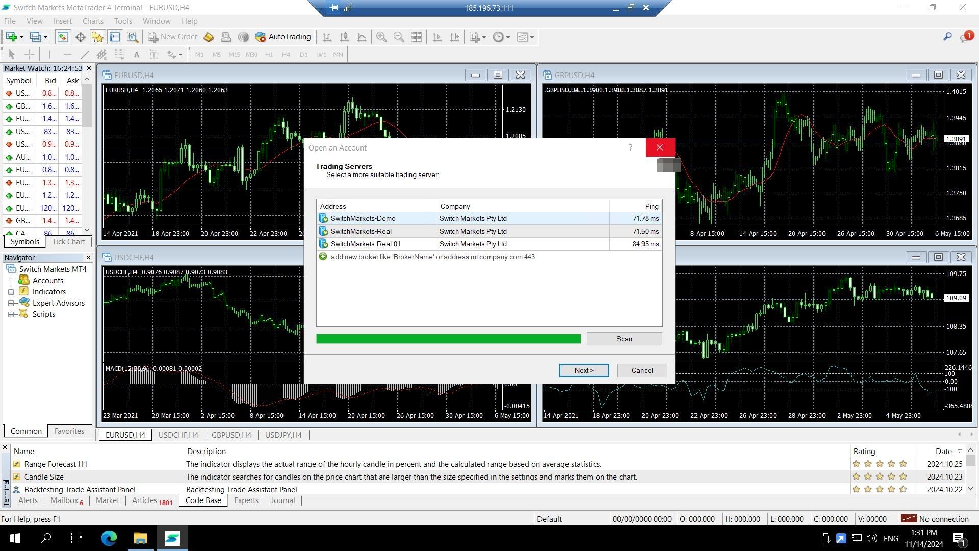 MetaTrader 4 platform open with Trading Servers login dialog