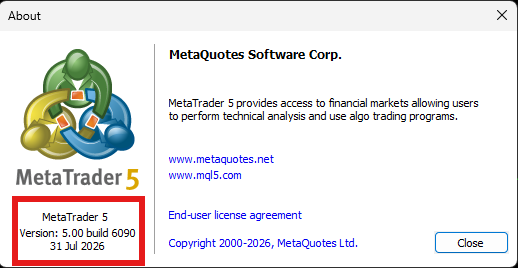 MetaTrader 5 About dialog showing the installed build number