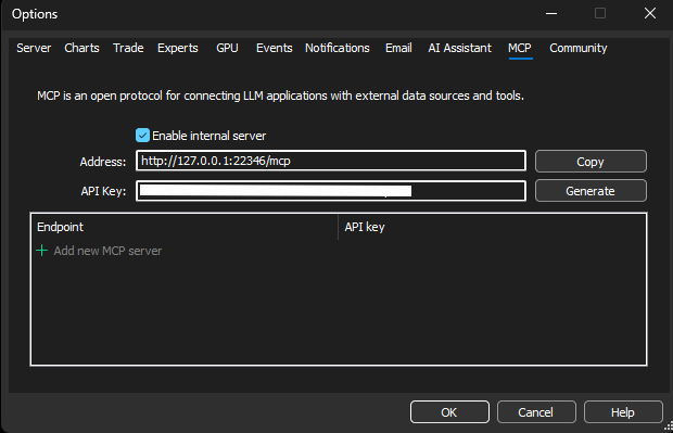 MetaTrader 5 Options dialog on the MCP tab, with Enable internal server checked and the address and API key fields visible