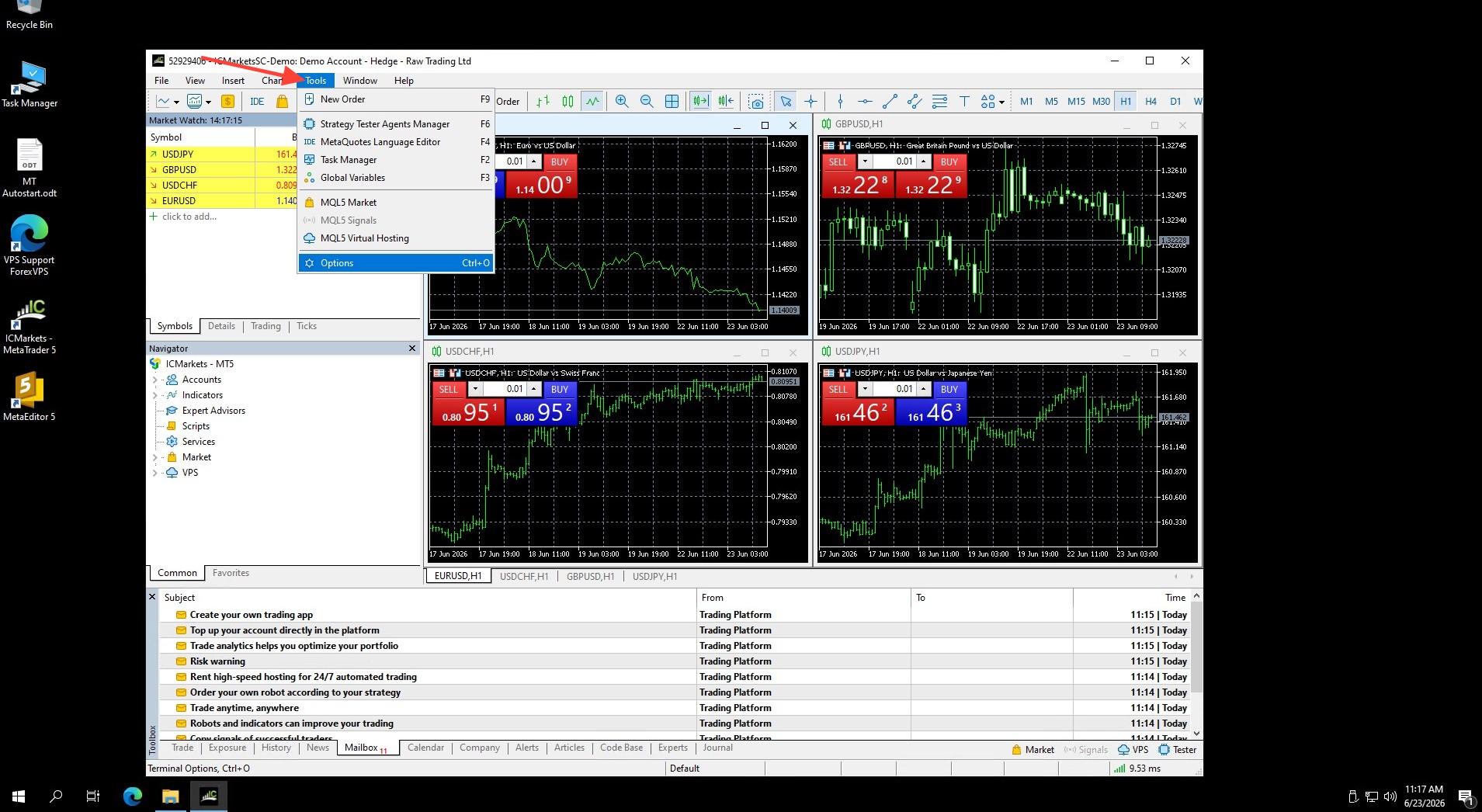 MetaTrader 5 Tools menu with the Options item highlighted
