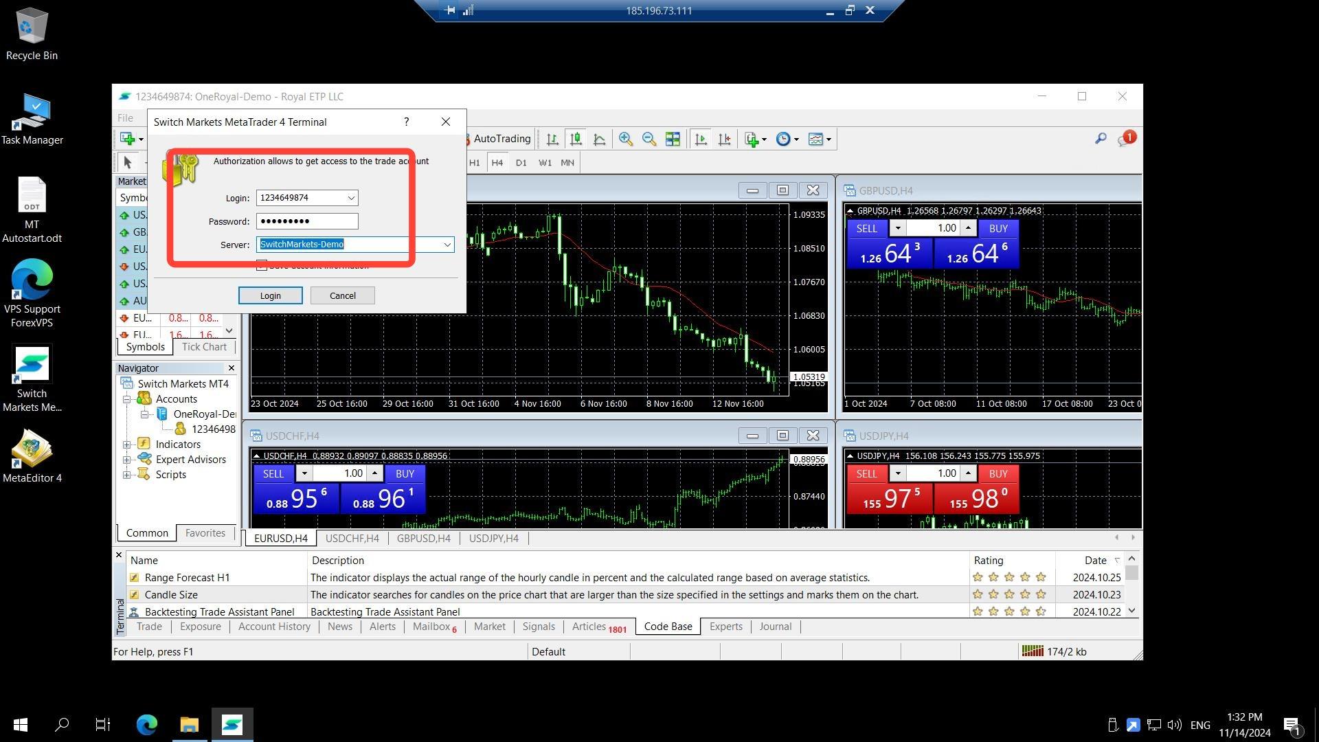 MetaTrader login dialog with account credentials