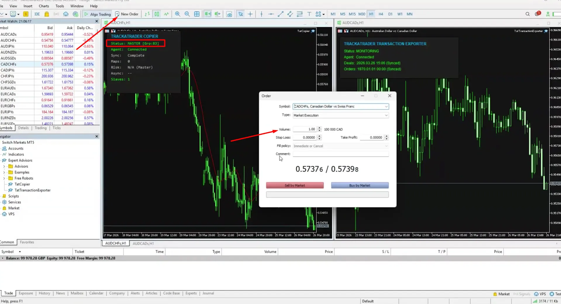 MetaTrader 5 New Order dialog on the main account with Buy by Market and Sell by Market buttons