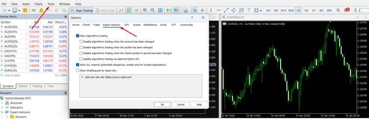 MetaTrader 5 Options dialog Expert Advisors tab with algorithmic trading settings