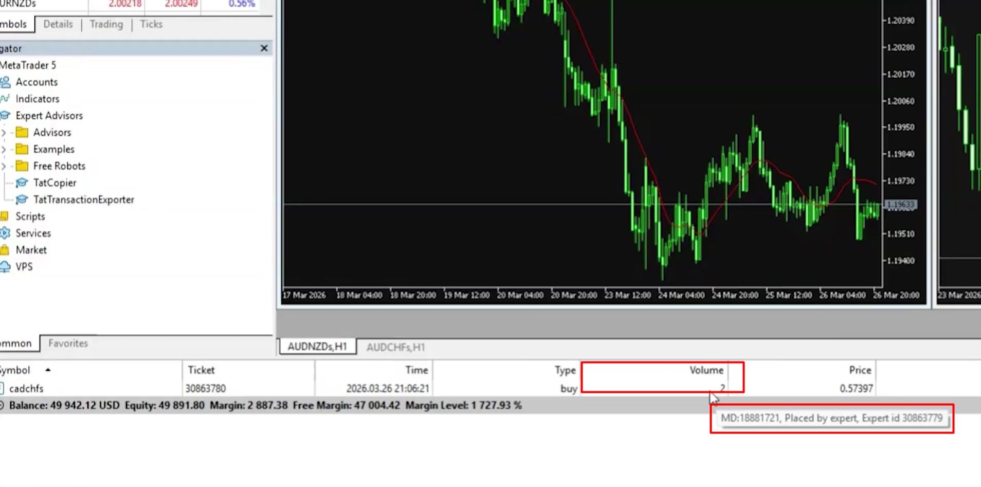 MetaTrader 5 trade history showing a copied trade with matching volume on the sub-account