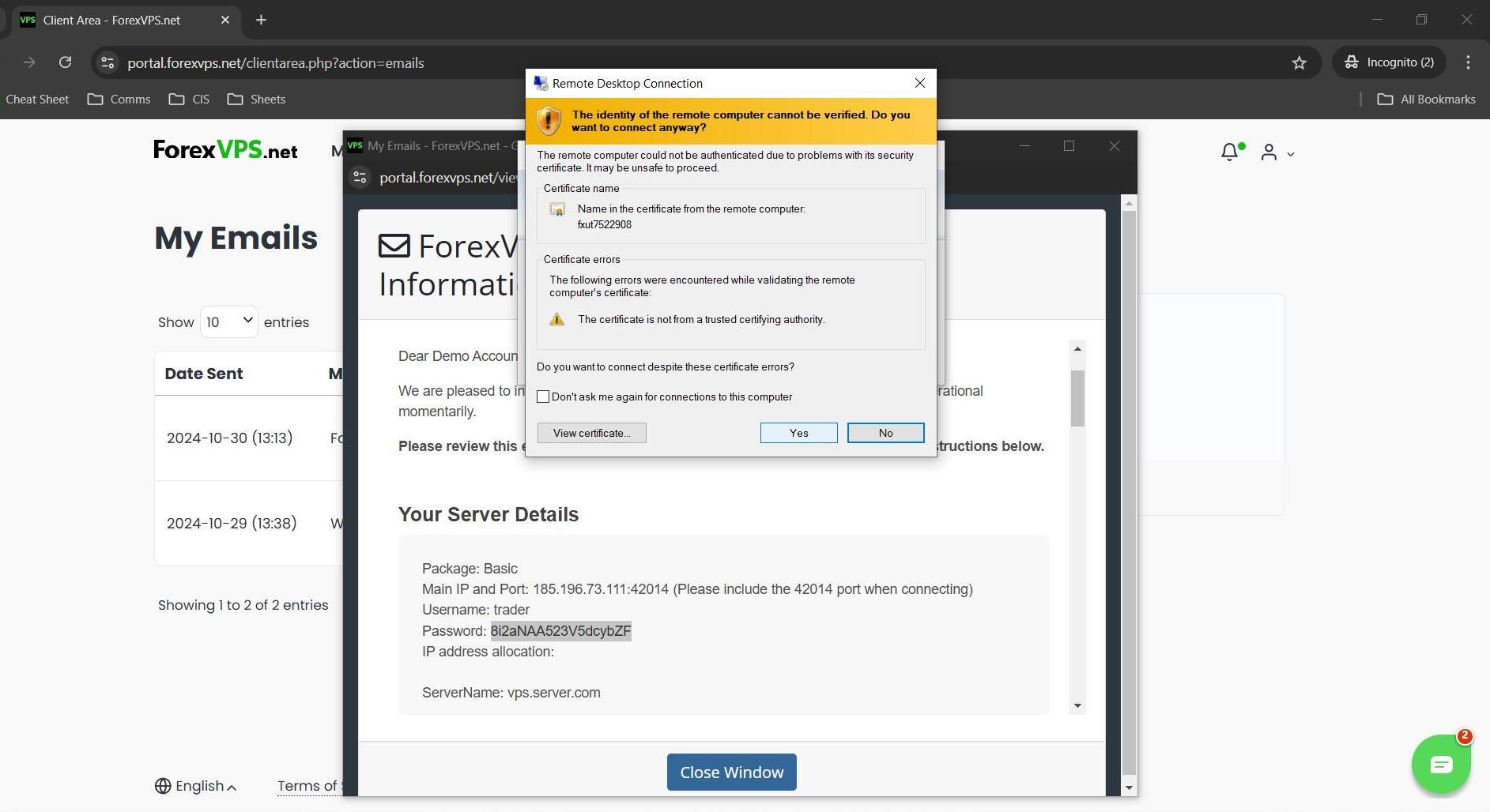 Remote Desktop certificate warning dialog with the Yes button highlighted to continue connecting