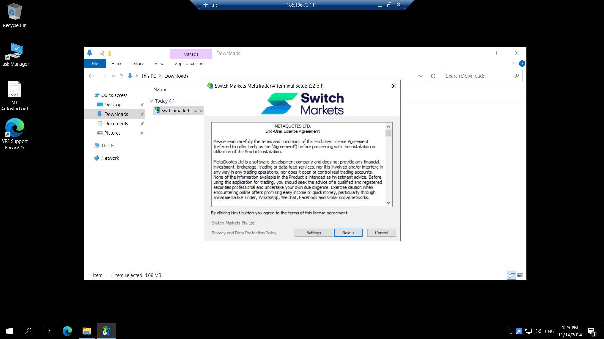 Switch Markets MetaTrader 4 installation complete screen