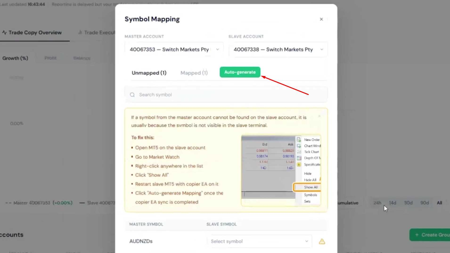 Symbol Mapping dialog with the Auto-generate button highlighted