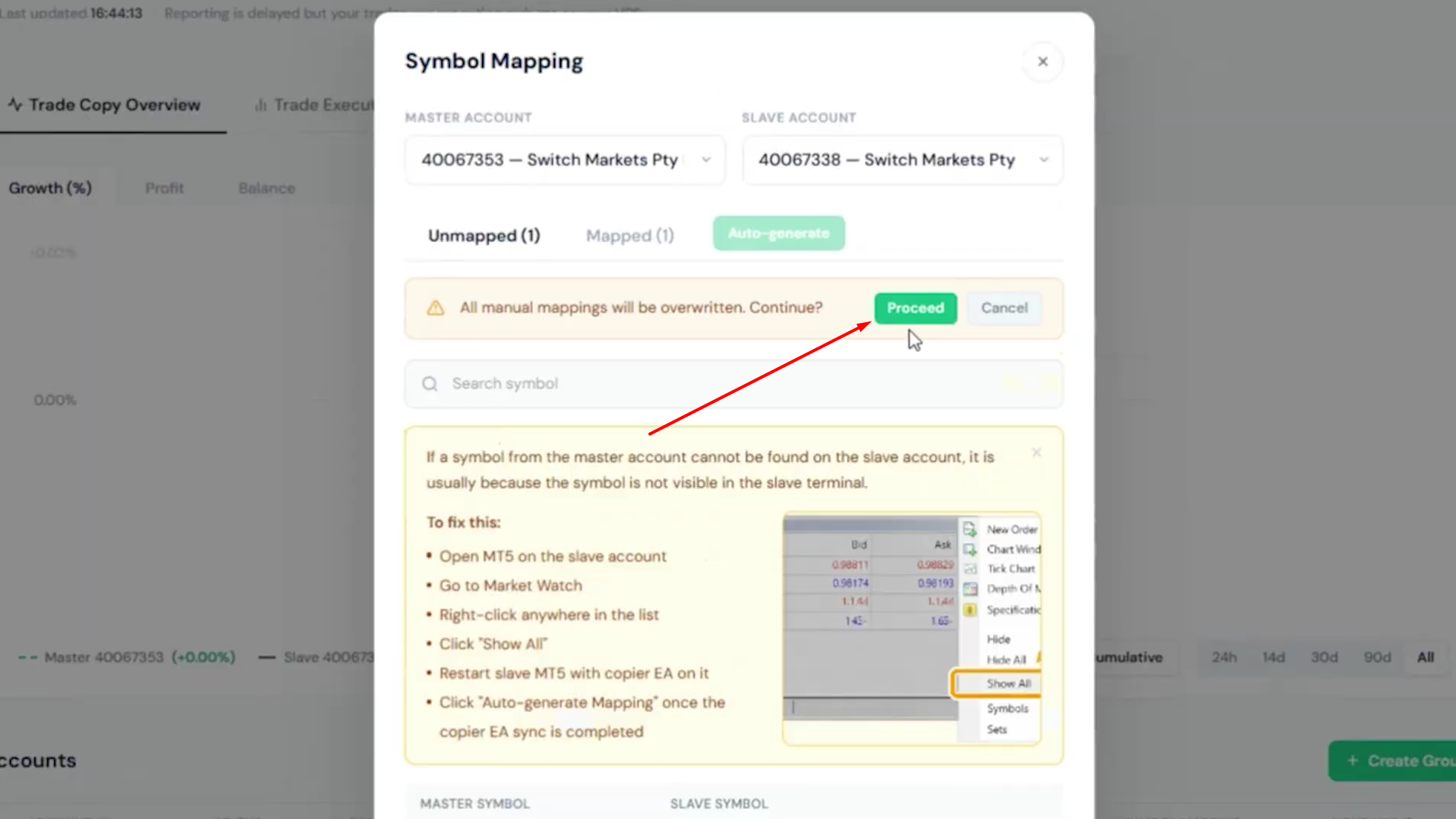 Symbol Mapping dialog confirming that manual mappings will be overwritten, with the Proceed button highlighted