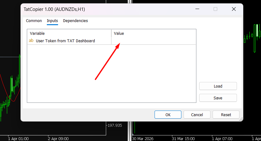 TatCopier EA Inputs dialog with an empty User Token from TAT Dashboard field