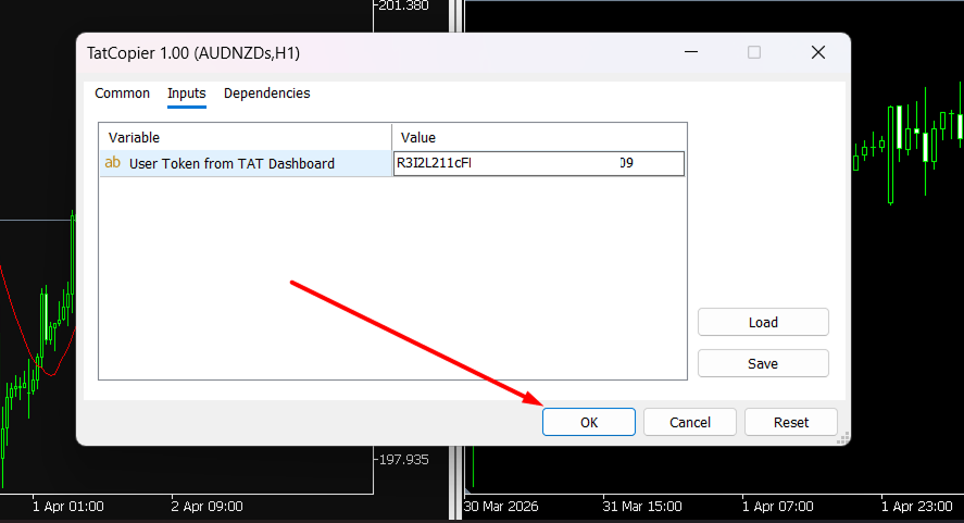 TatCopier EA Inputs dialog with the token pasted and the OK button highlighted