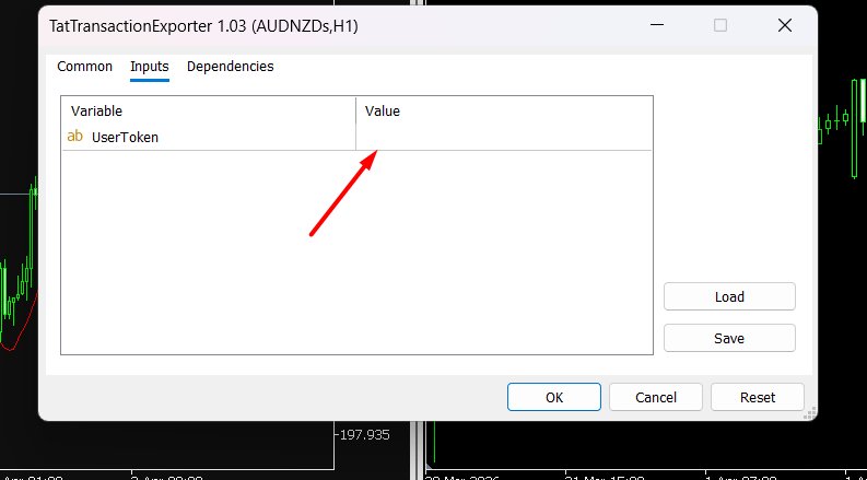 TatTransactionExporter EA Inputs dialog with an empty UserToken field