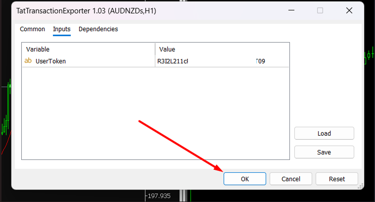 TatTransactionExporter EA Inputs dialog with the token pasted and the OK button highlighted