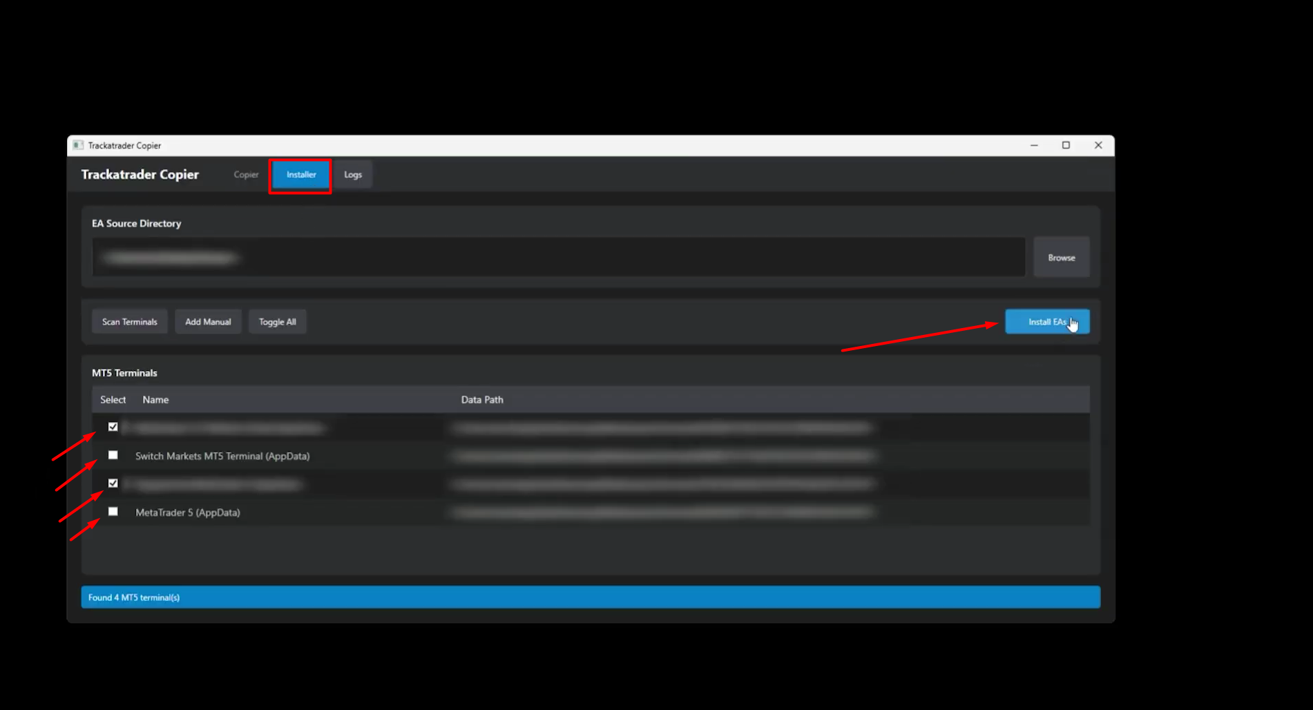 Trackatrader Copier desktop app Installer tab with MT5 terminals selected and Install EAs button highlighted