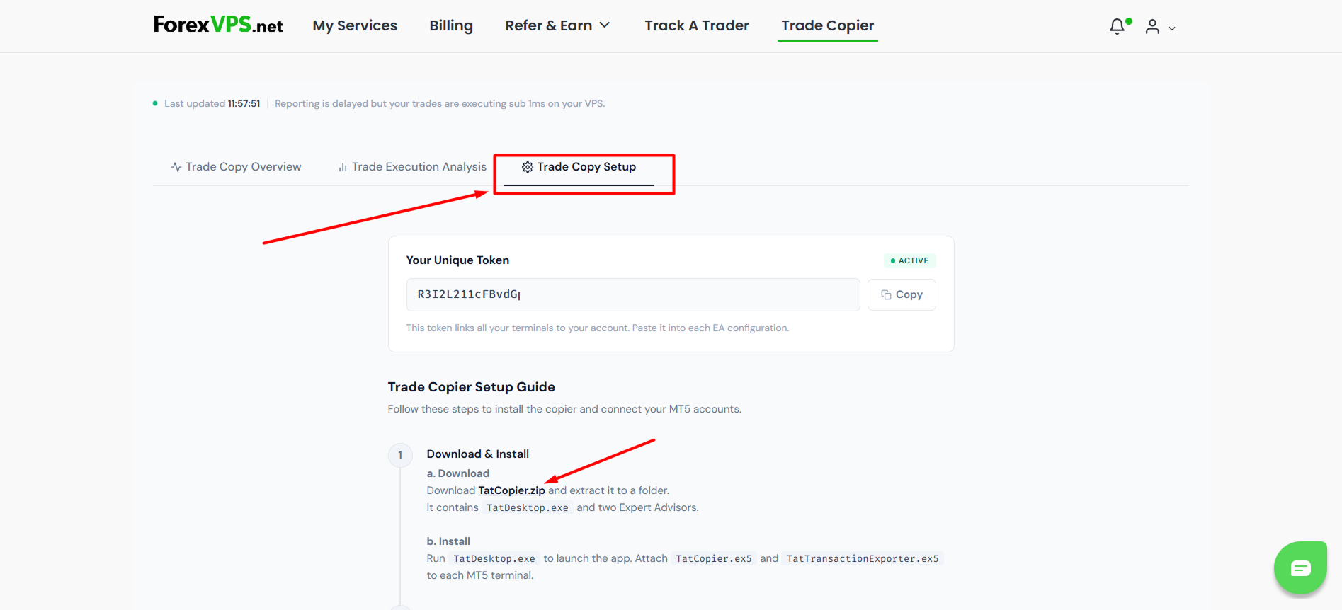 Trade Copy Setup page highlighting the Trade Copy Setup tab and TatCopier.zip download link