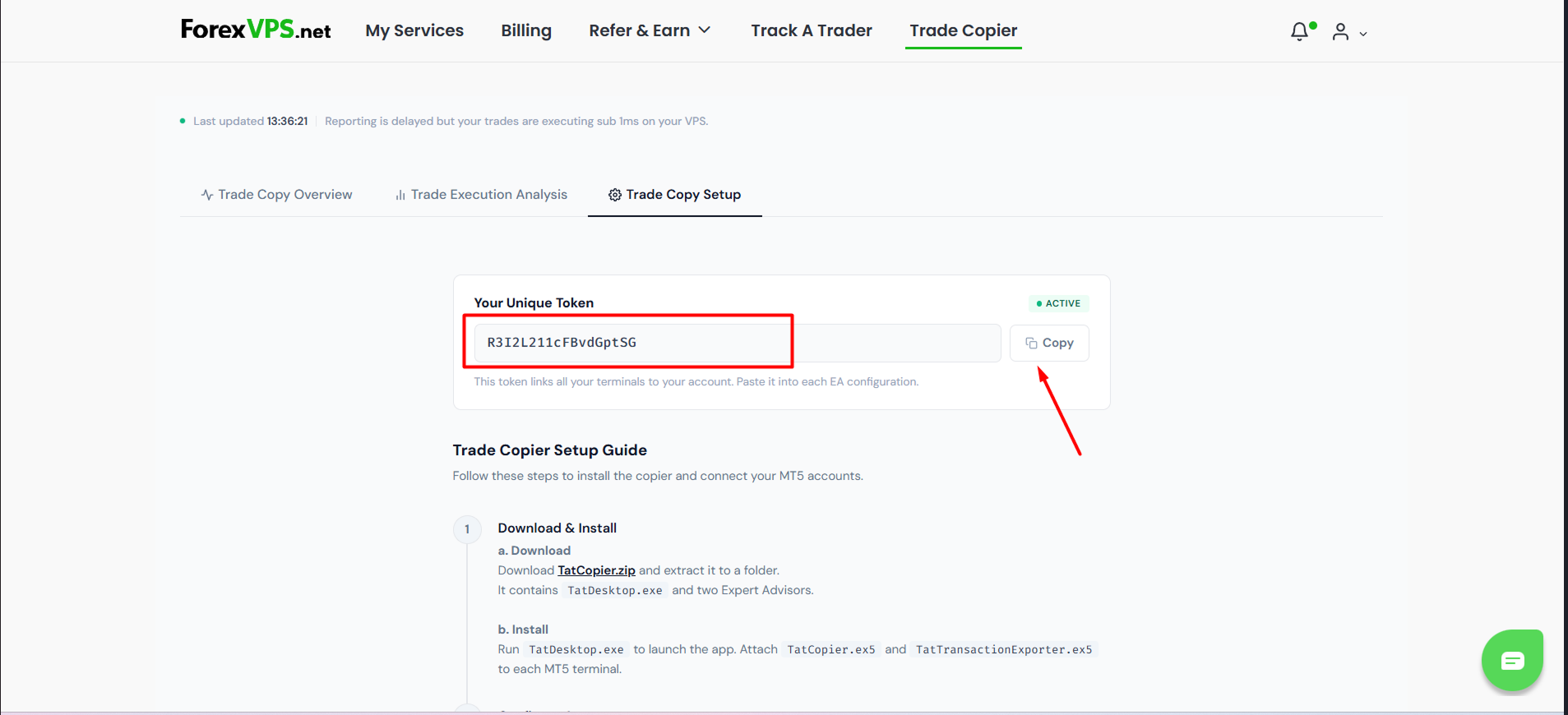 Trade Copy Setup page with the unique token field highlighted